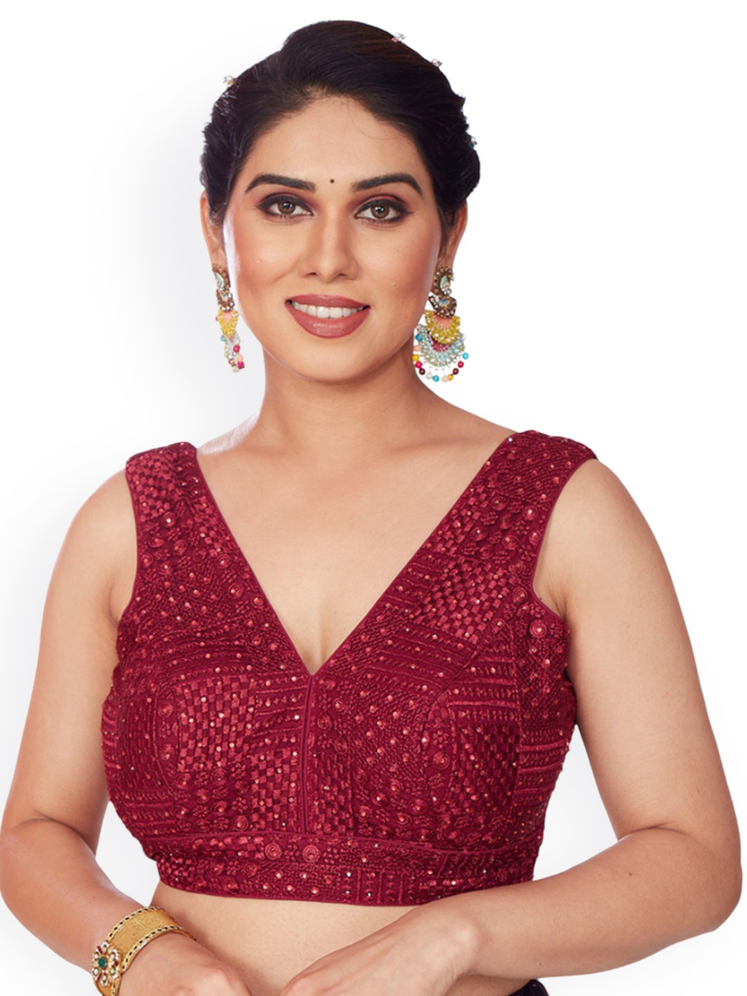 

Mmore Embroidered Padded Saree Blouse, Burgundy