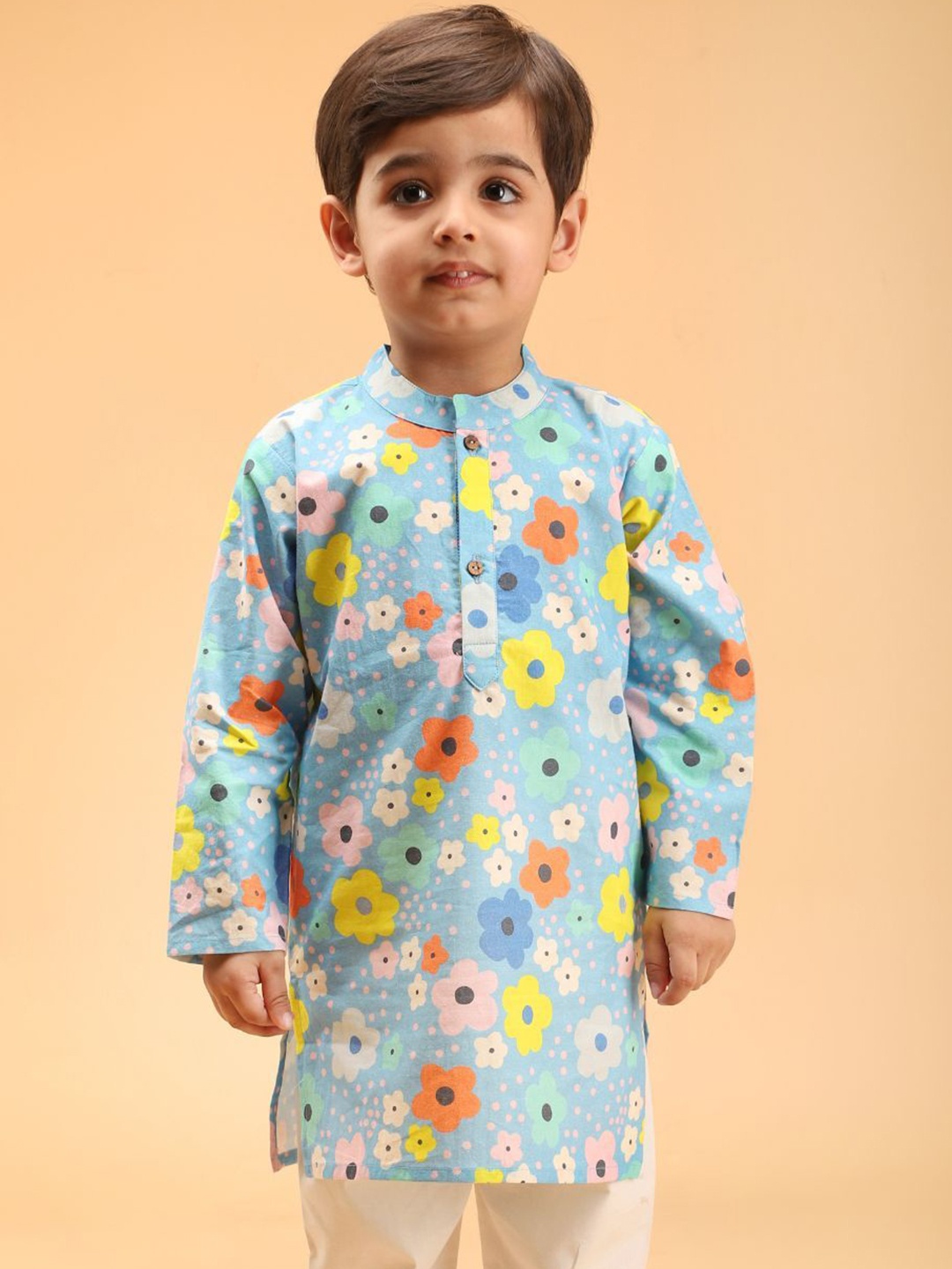 

MAMA AND PEACHES Kids Floral Printed Pure Cotton Kurta with Trousers, Blue