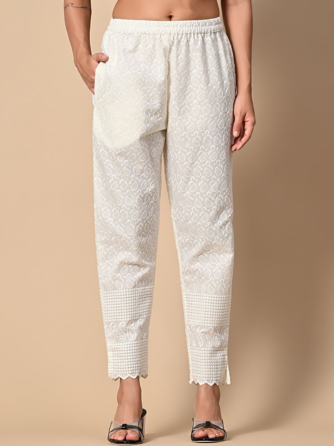 

Rajputana Camisa Women Embroidered Cotton Trousers, Off white