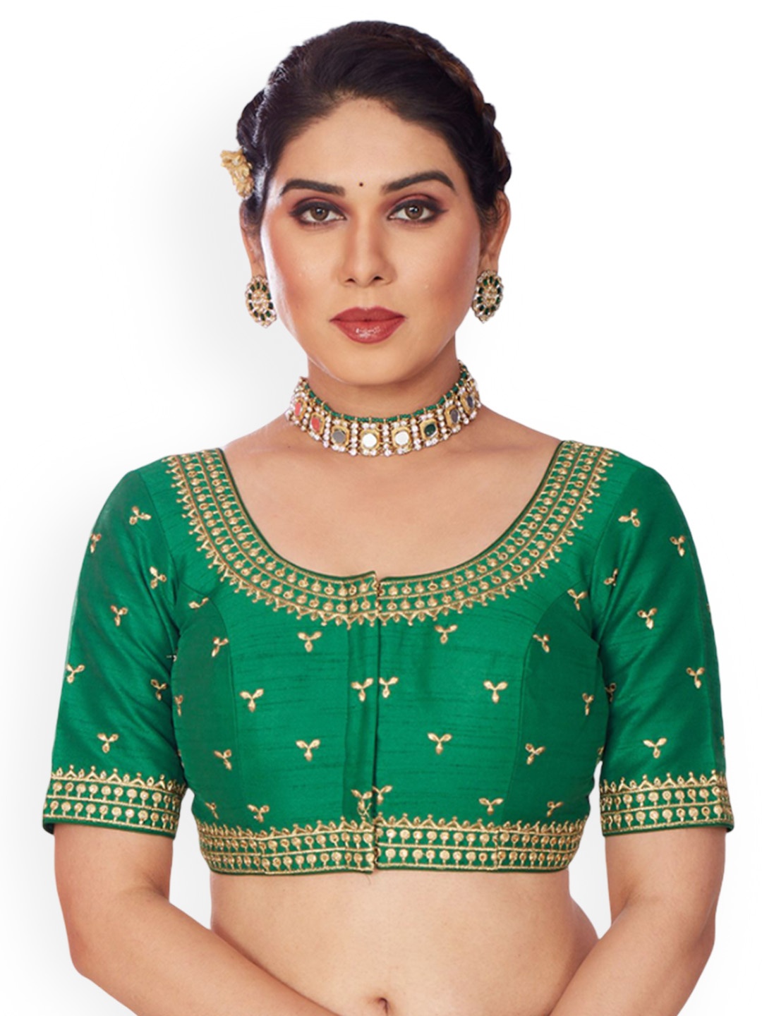 

Mmore Embroidered Round Neck Saree Blouse, Green