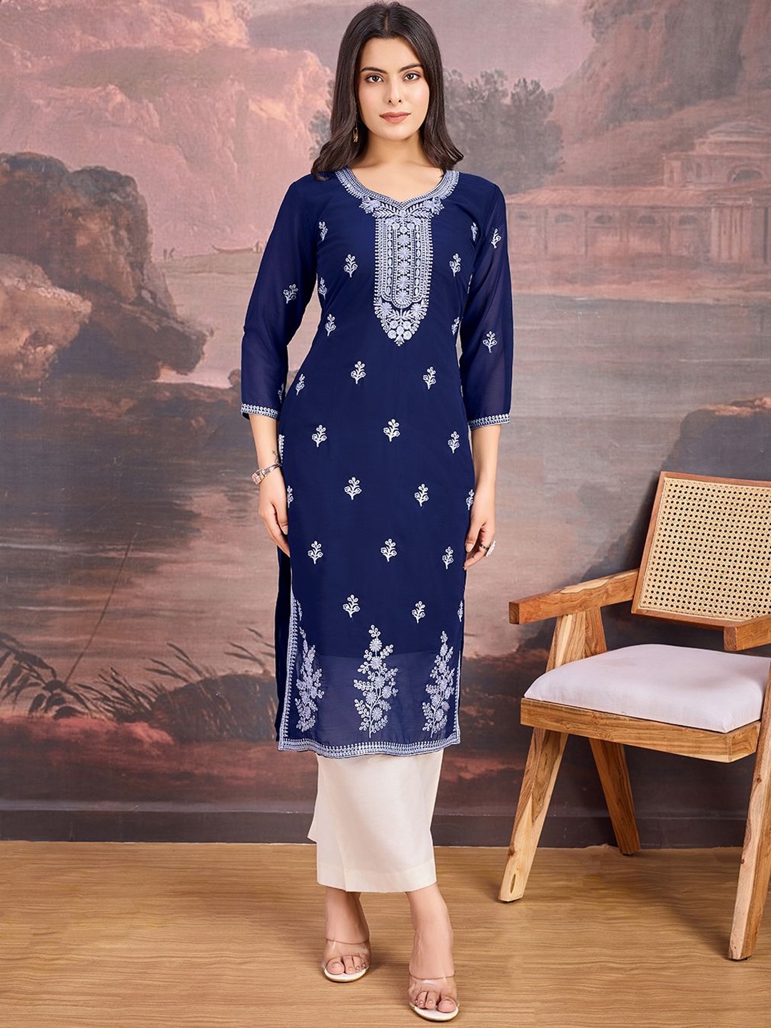 

House of Pataudi Floral Embroidered Straight Kurtas, Blue