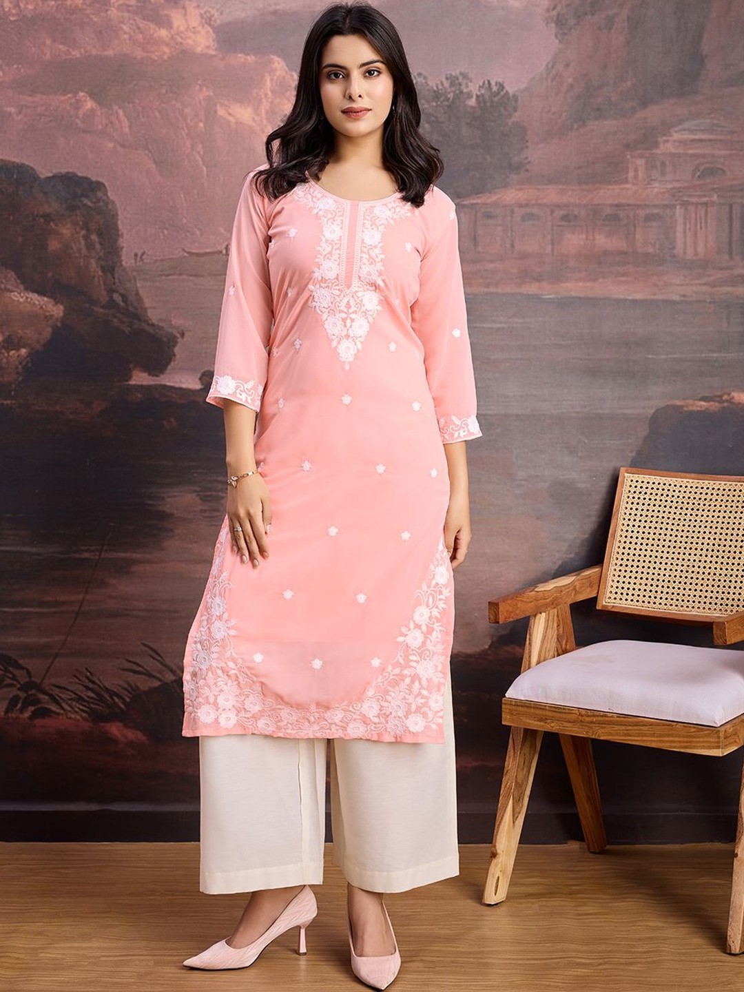 

House of Pataudi Embroidered Straight Kurtas, Peach
