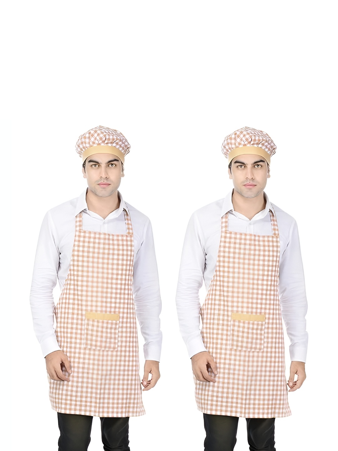 

SWITCHON 2Pcs Brown & White Checked Cotton Aprons With Cap