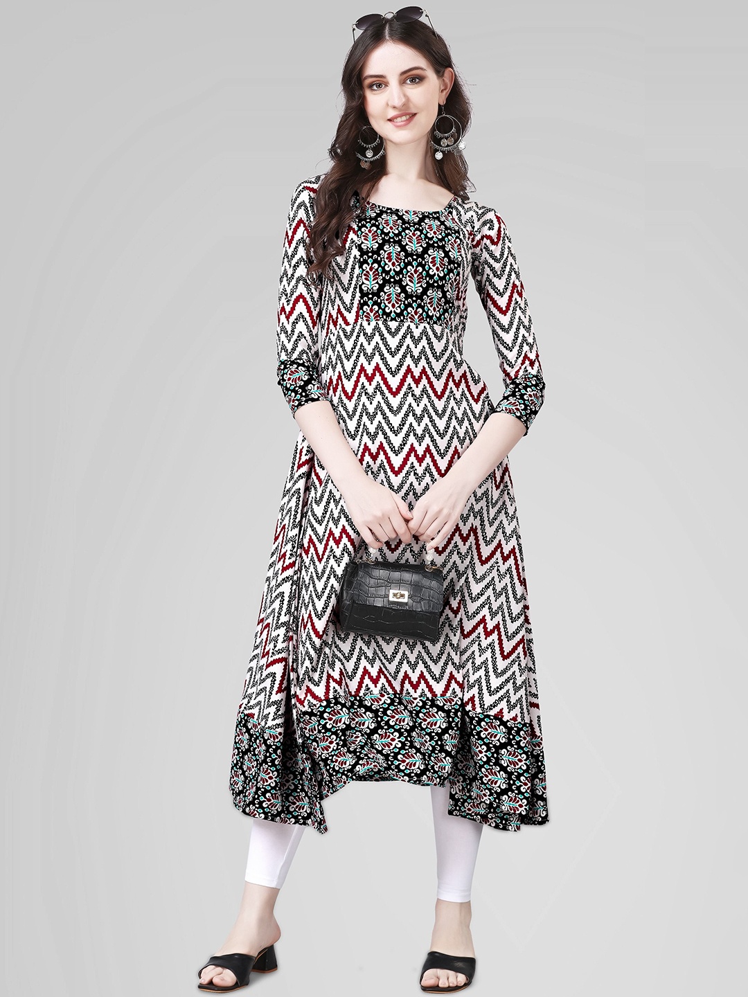 

FANTASY FAB Chevron Printed A-Line Kurta, Black