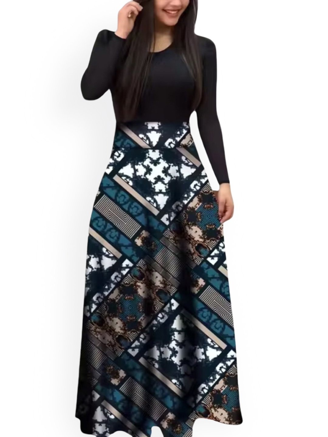 

KPOP Women's Abstract Printed Maxi A-Line Skirts, Navy blue