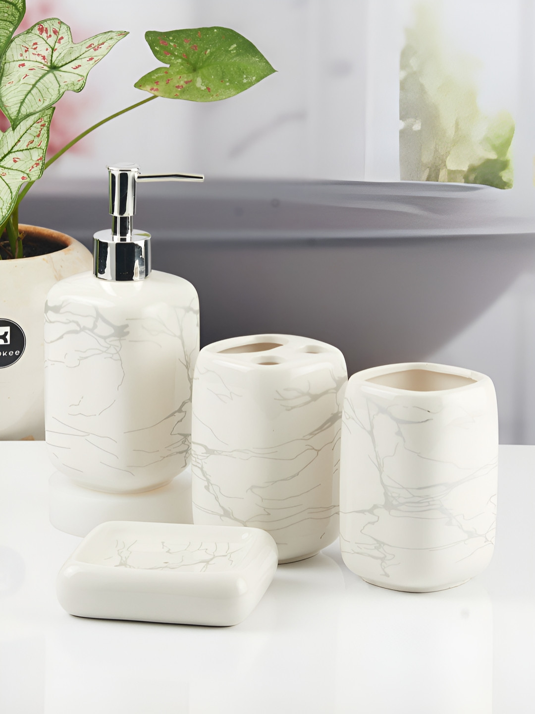 

Kookee White 4 piece Abstract Ceramic Bath Accessories Set