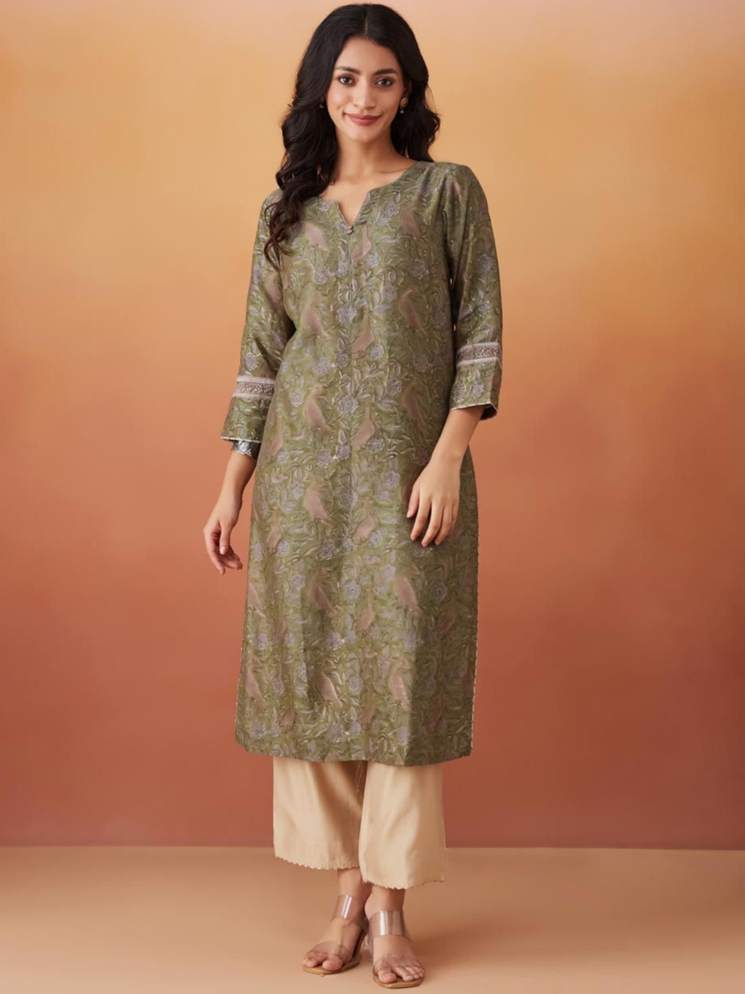 

Fabindia Women Ethnic Motifs Printed Cotton Silk Straight Kurta, Green