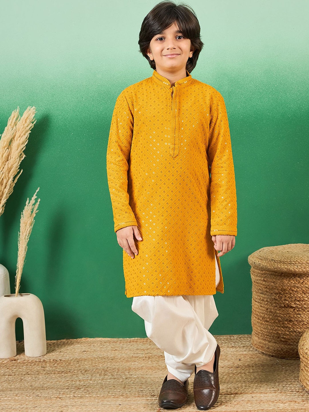 

Sangria Boys Chikankari & Sequinned Kurtas, Yellow