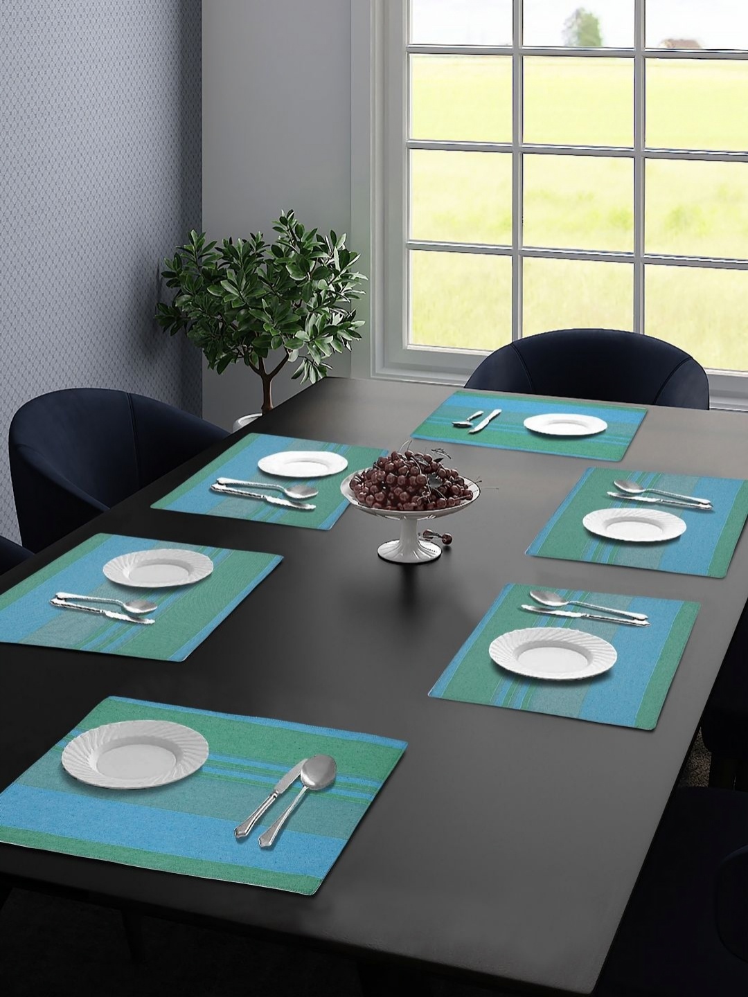 

Saral Home Green & Blue 6 Pieces Striped Cotton Rectangle Table Placemats