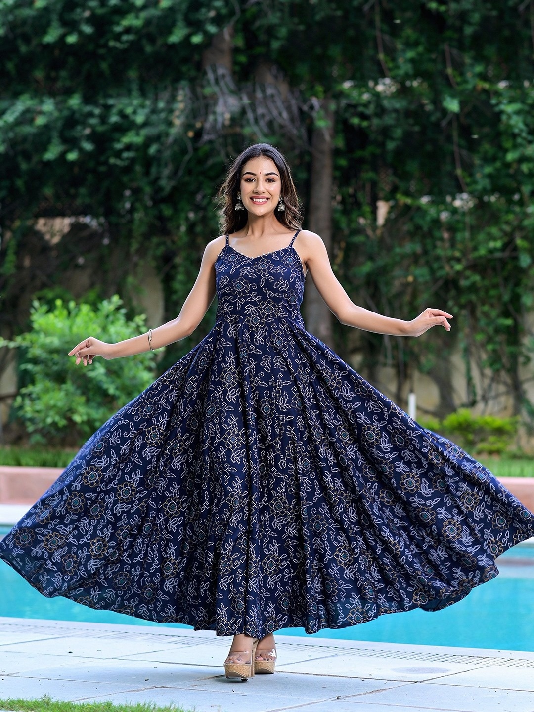 

HIVDO Geometric Embroidered Anarkali Ethnic Dresses, Blue