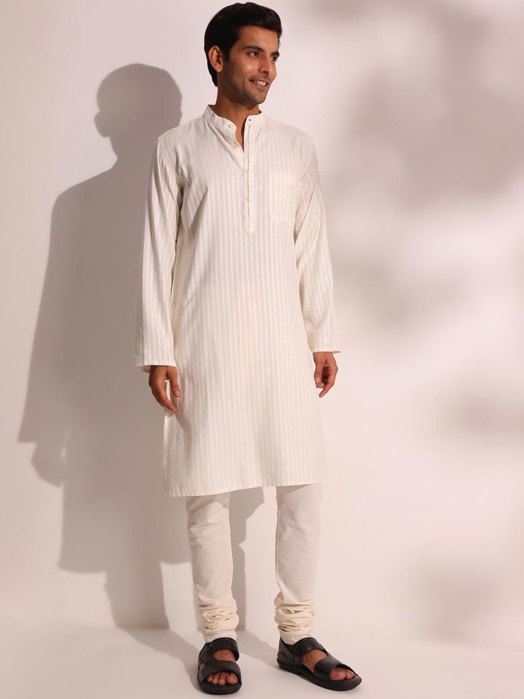 

Fabindia Striped Band Collar Straight Kurta, White