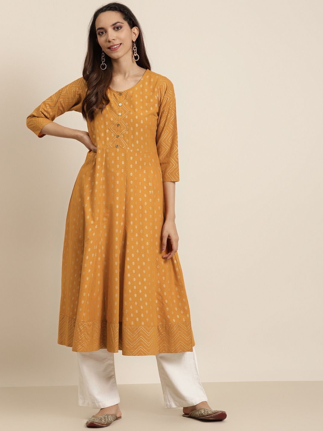 

YASH GALLERY Women Floral Printed Thread Work Anarkali Kurta, Mustard