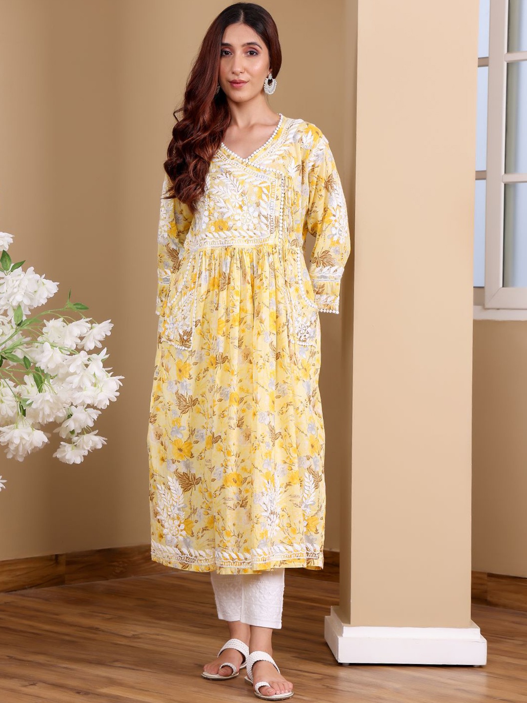 

Chowkhat Floral Printed Pleated Chikankari Cotton A-Line Kurta, Yellow