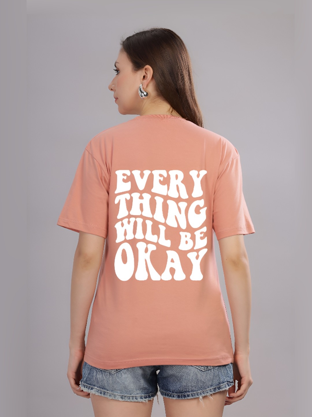

FALTU.CO Women Printed Drop-Shoulder Sleeves Pure Cotton T-shirt, Peach
