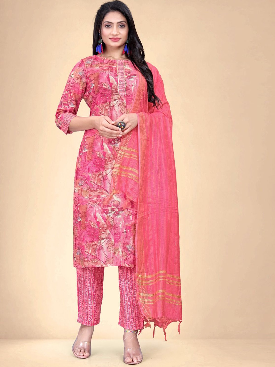 

Abhilasha Women Floral Printed Regular Kurta with Trousers & With Dupatta, Pink