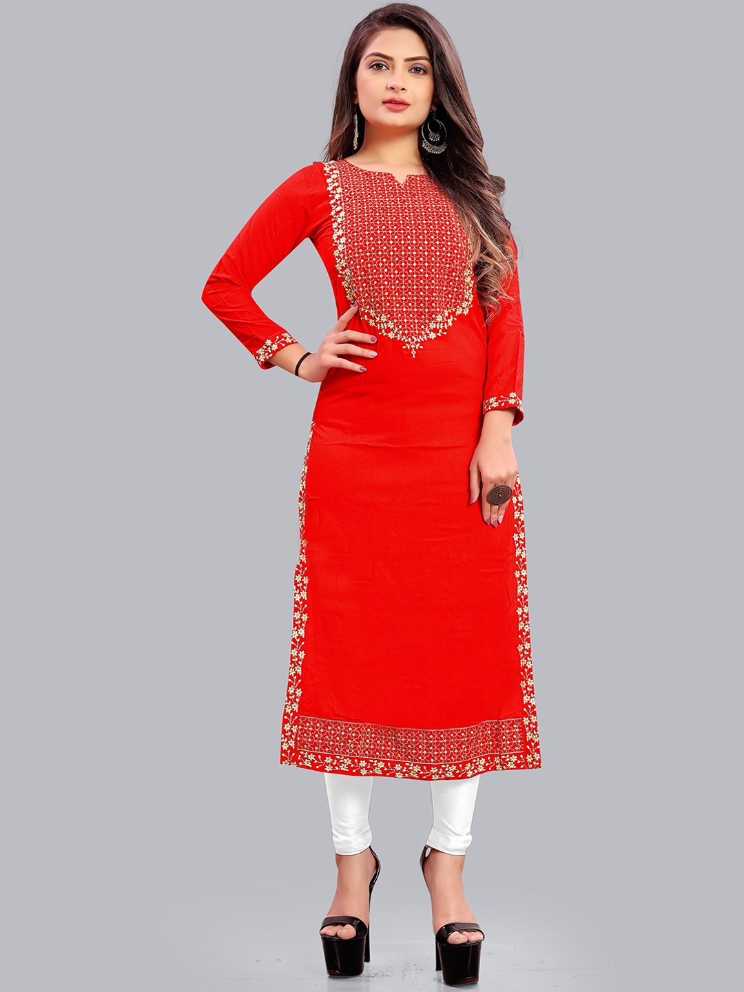 

FANTASY FAB Floral Embroidered Notch Neck Sequinned Straight Kurta, Red