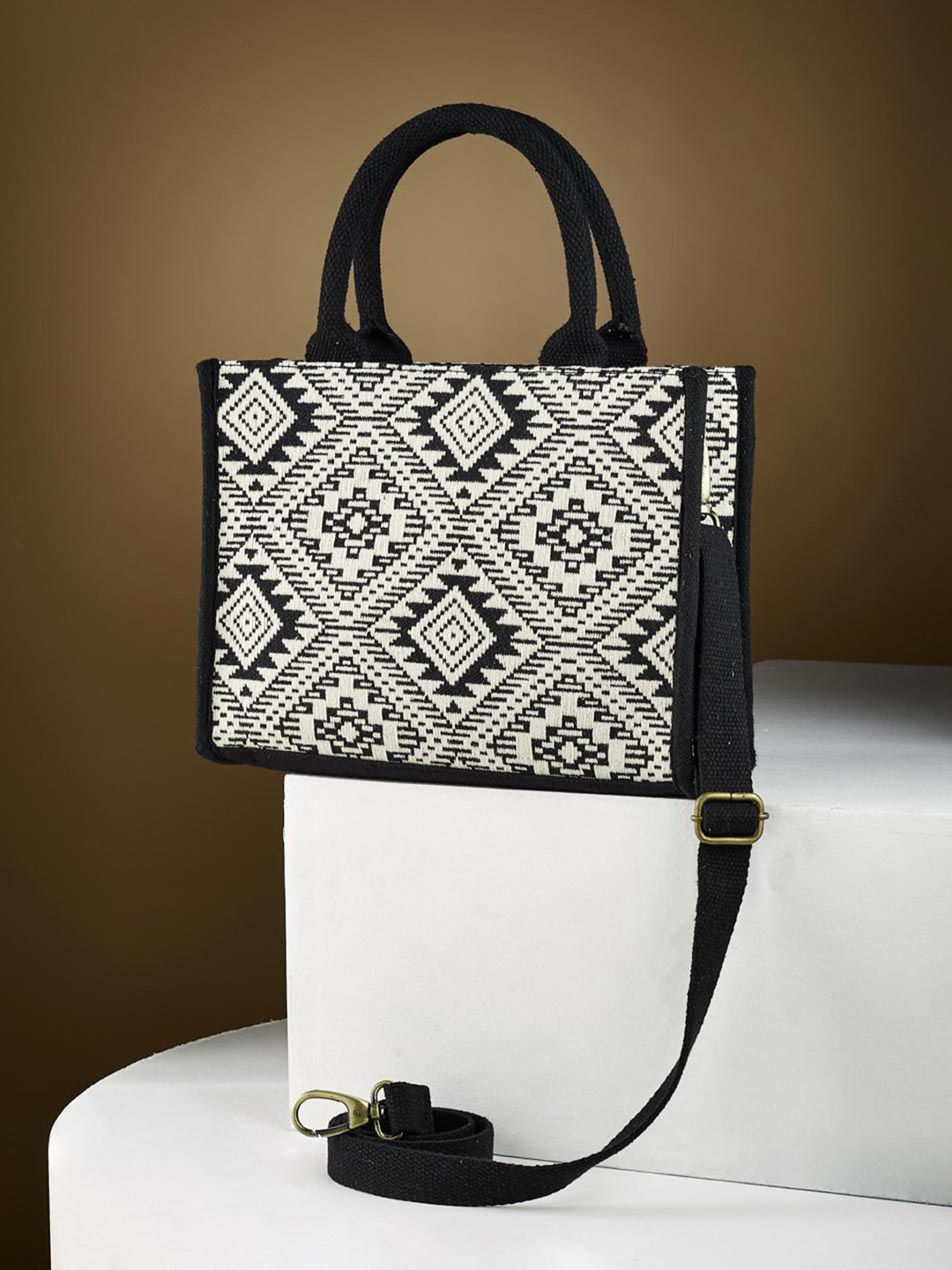 

Fabindia Women Geometric Structured Tote Bag, Off white