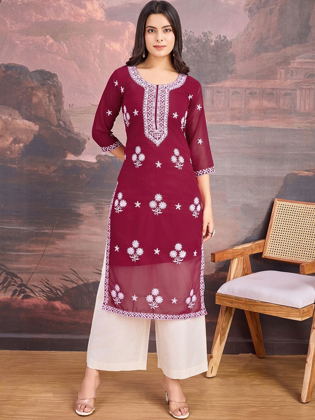 

House of Pataudi Floral Embroidered Thread Work Chikankari Straight Kurta, Red