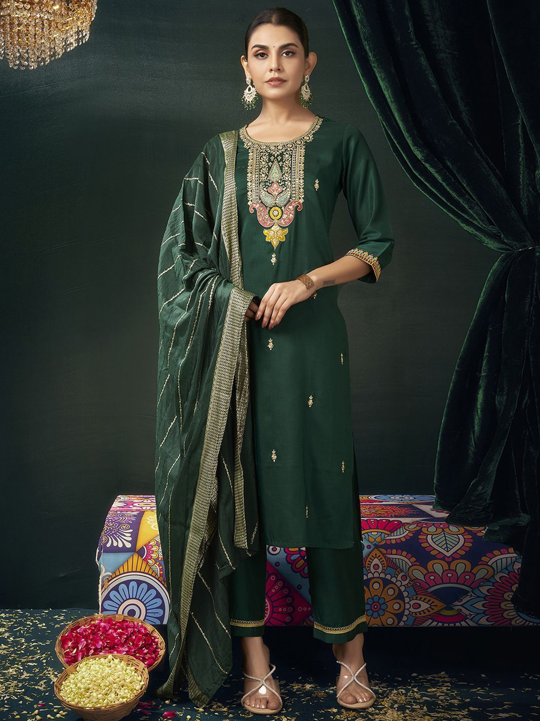 

KALINI Women Ethnic Motifs Embroidered Regular Sequinned Kurta with Trousers & With Dupatta, Green