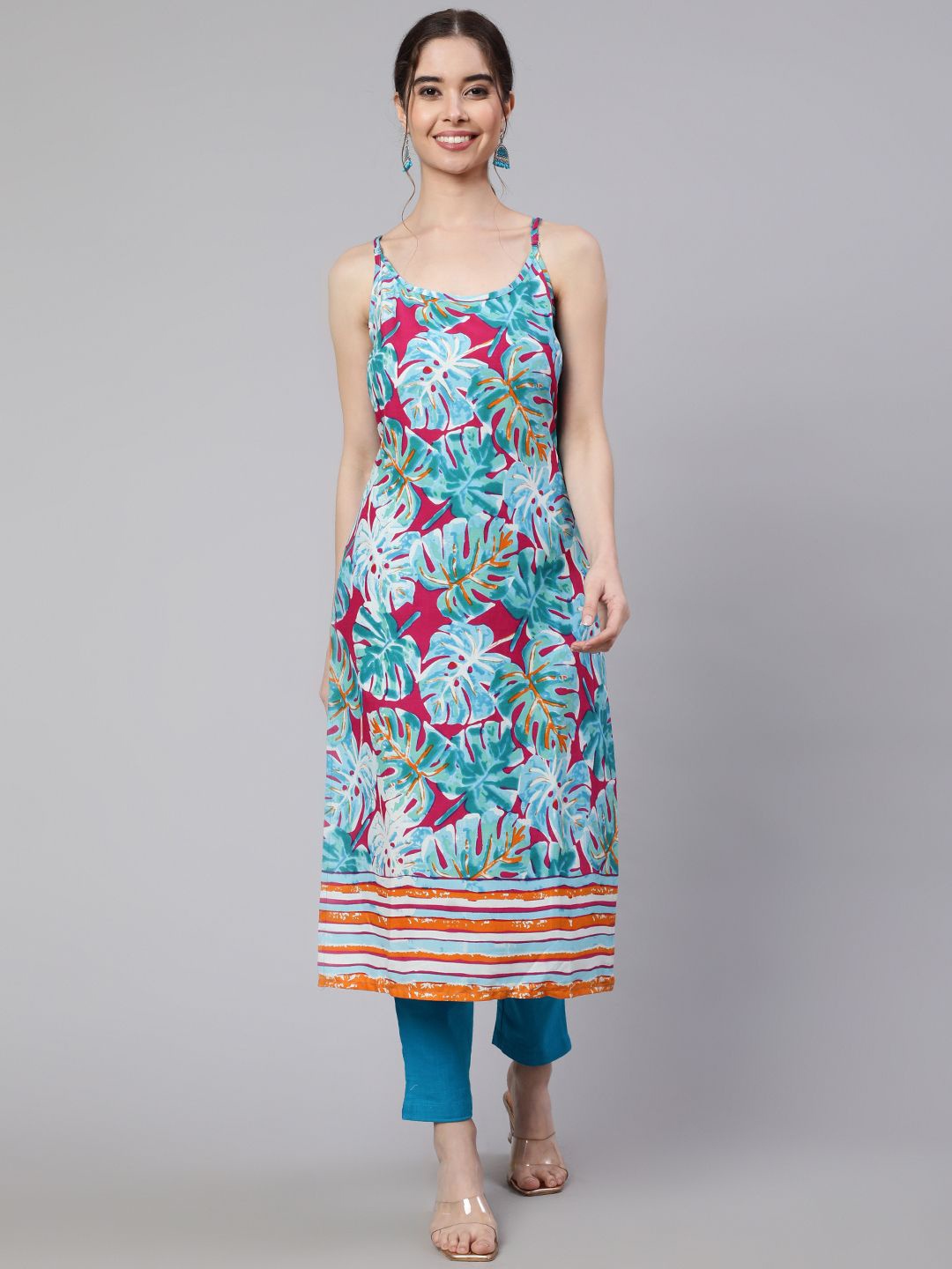 

SAK JAIPUR Floral Printed Shoulder Straps Straight Kurta, Blue