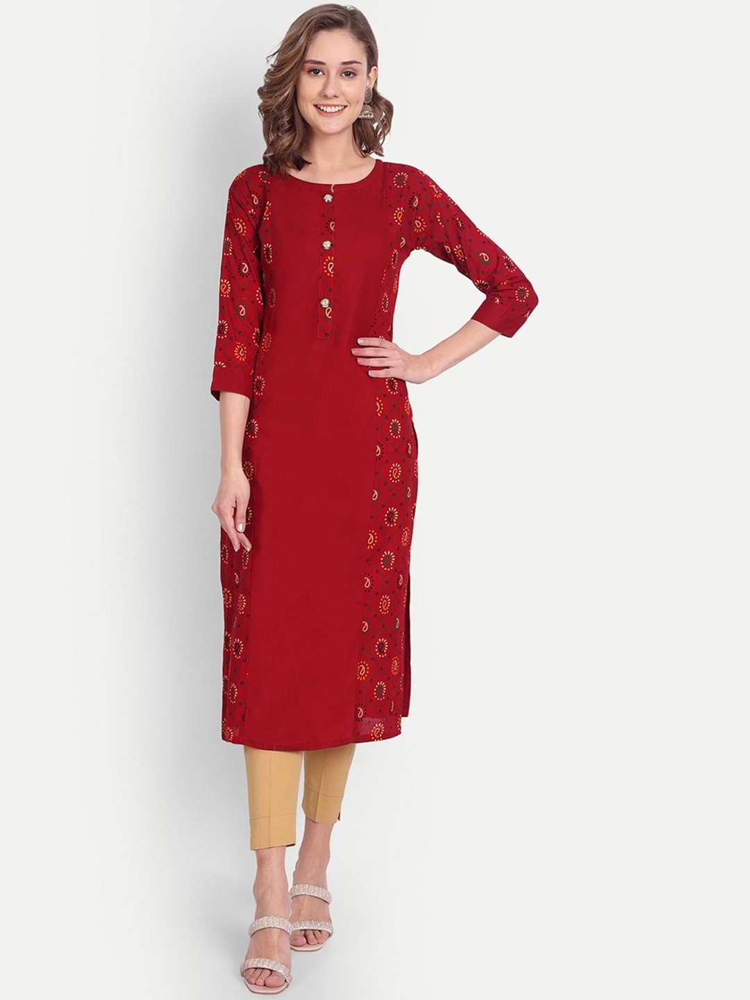 

FANTASY FAB Ethnic Motifs Printed Round Neck Straight Kurta, Red