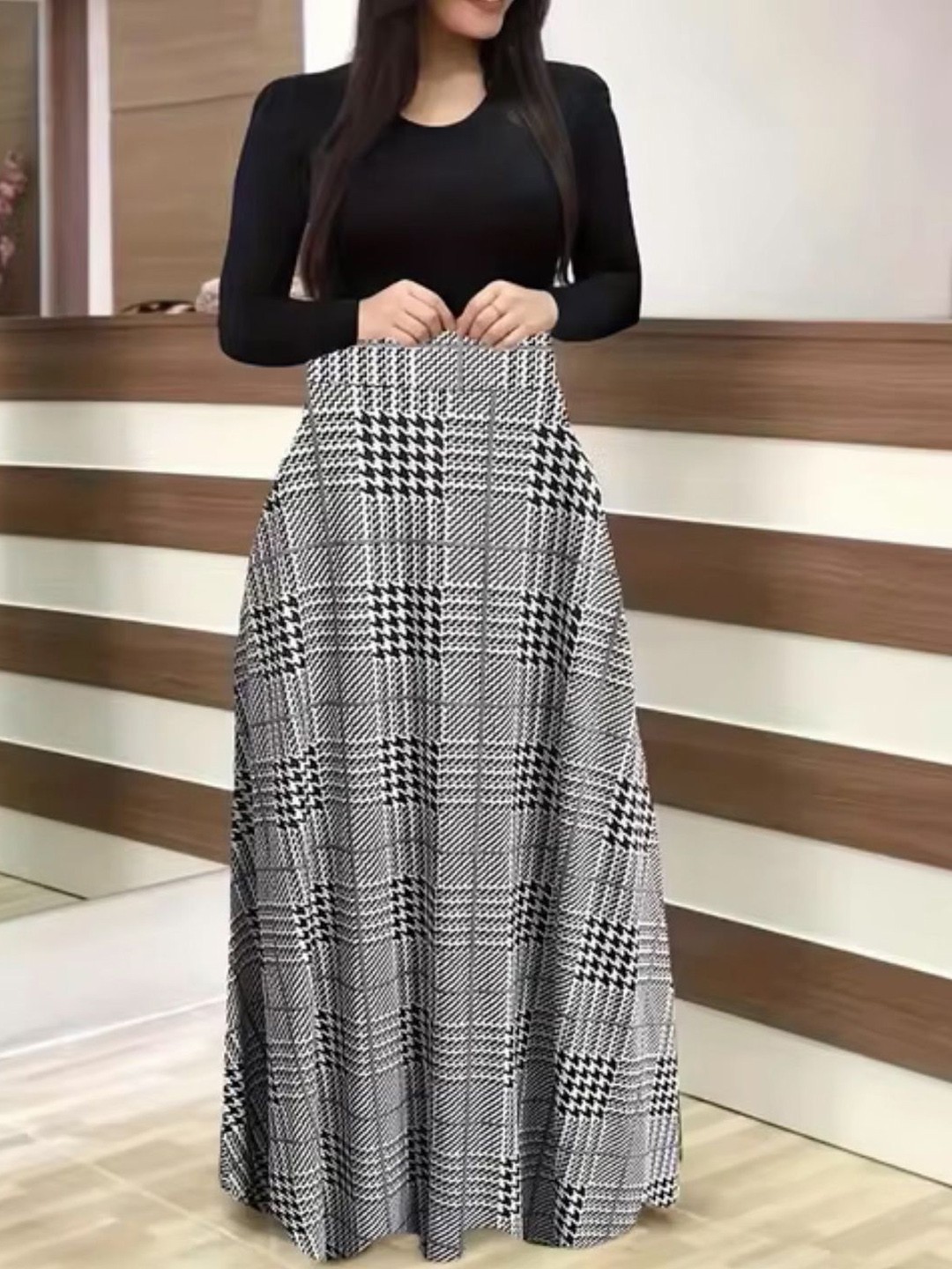 

KPOP Women Checked A-Line Maxi Skirts, Black
