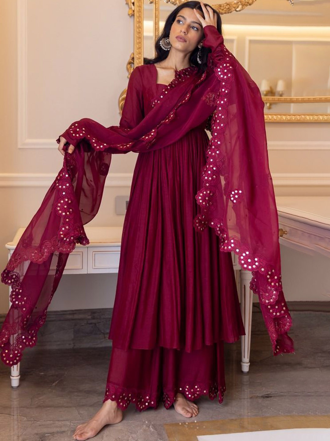 

KALINI Women Regular Silk Georgette Kurti with Palazzos & With Dupatta, Maroon