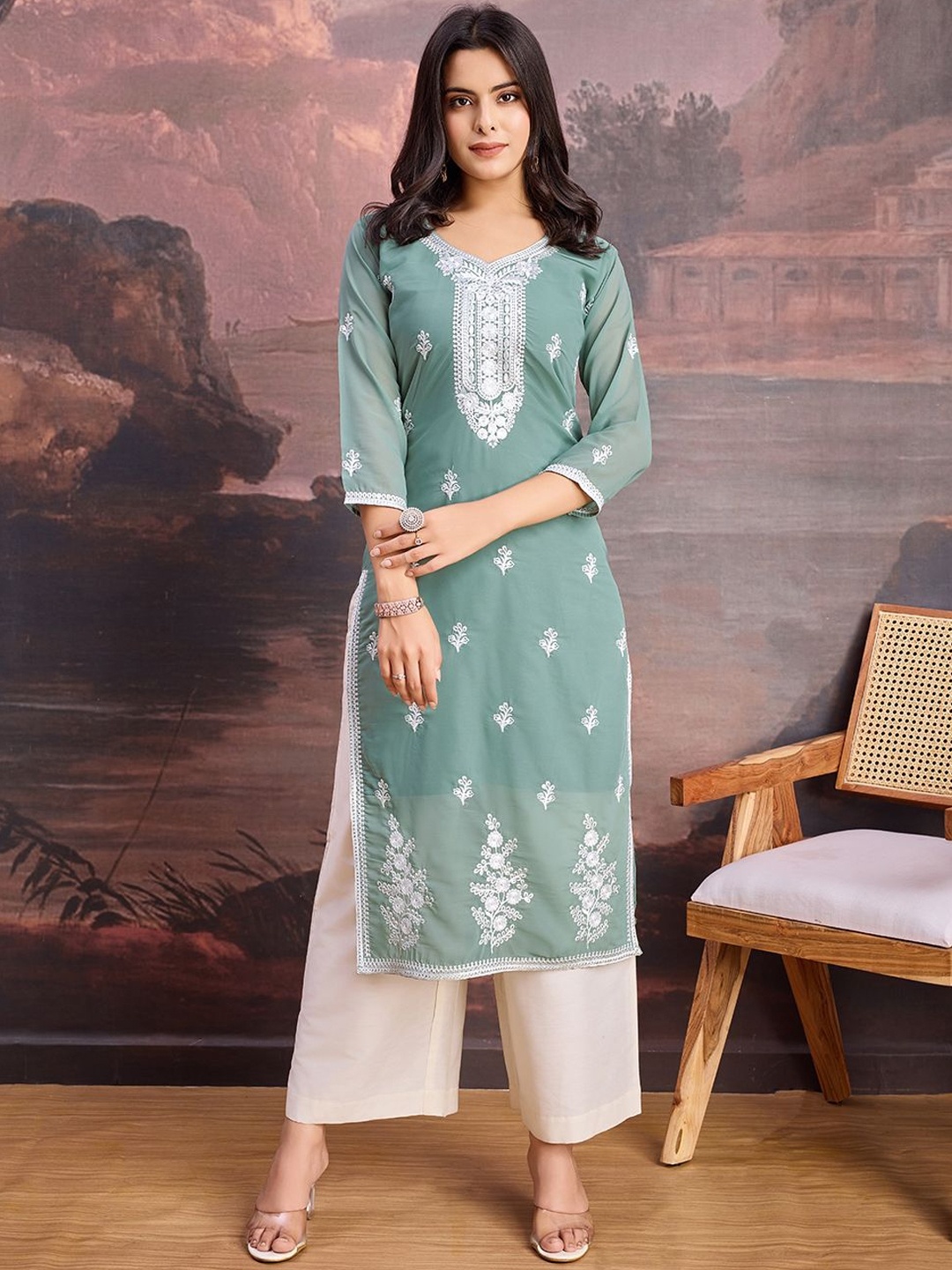 

House of Pataudi Floral Embroidered Thread Work Round Neck Straight Kurta, Olive