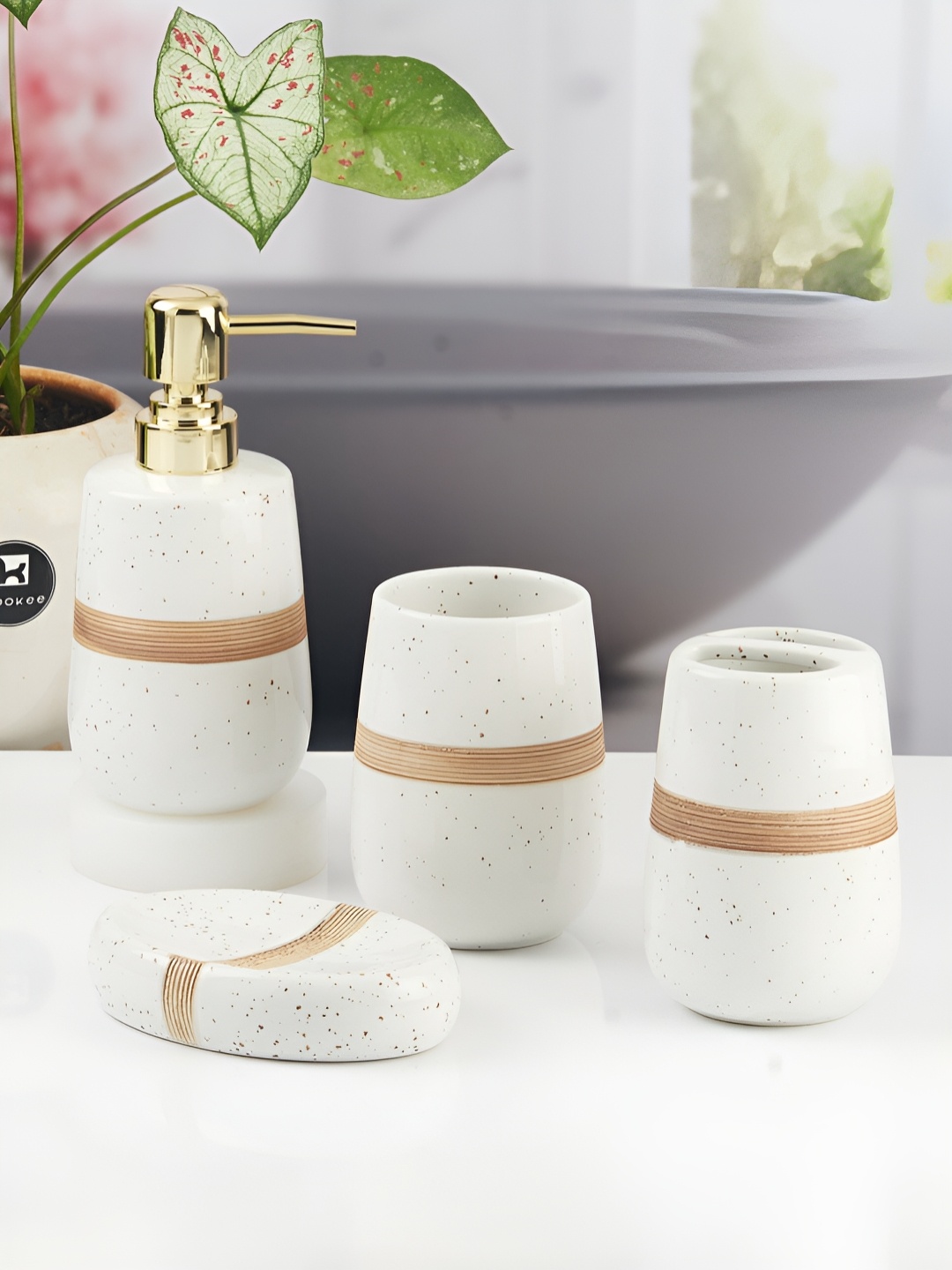 

Kookee White 4 piece Abstract Ceramic Bath Accessories Set