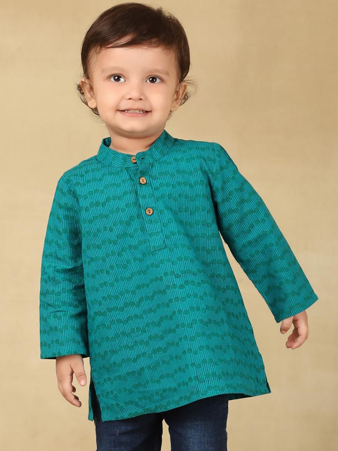 

Fabindia Boys Ethnic Motifs Printed Band Collar Cotton Straight Kurta, Teal