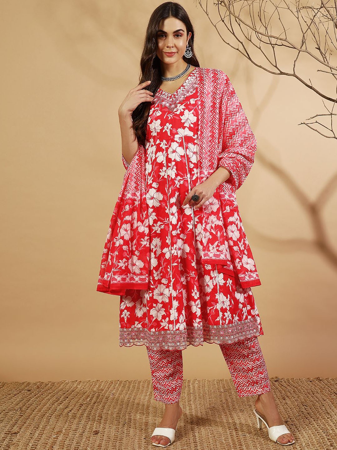 

IkDaiya Floral Printed Mirror Work V-Neck Pure Cotton Anarkali Kurta & Trouser & Dupatta, Red