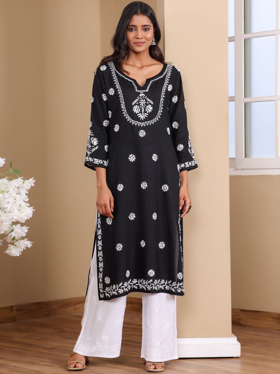 

Chowkhat Floral Embroidered Chikankari Notch Neck Modal Straight Kurta, Black