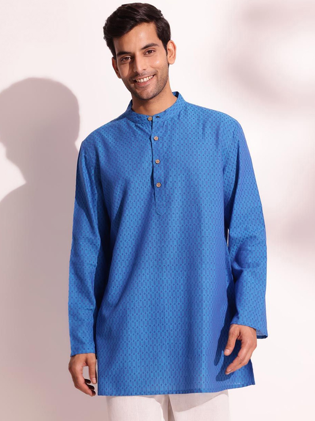 

Fabindia Woven Design Band Collar Short Cotton Straight Kurta, Blue