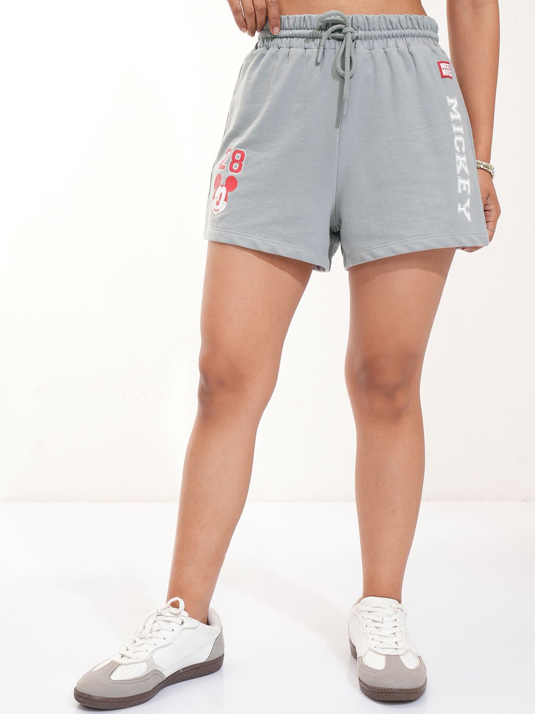 

Tokyo Talkies Women Disney Mickey Mouse Typography Printed Shorts, Grey