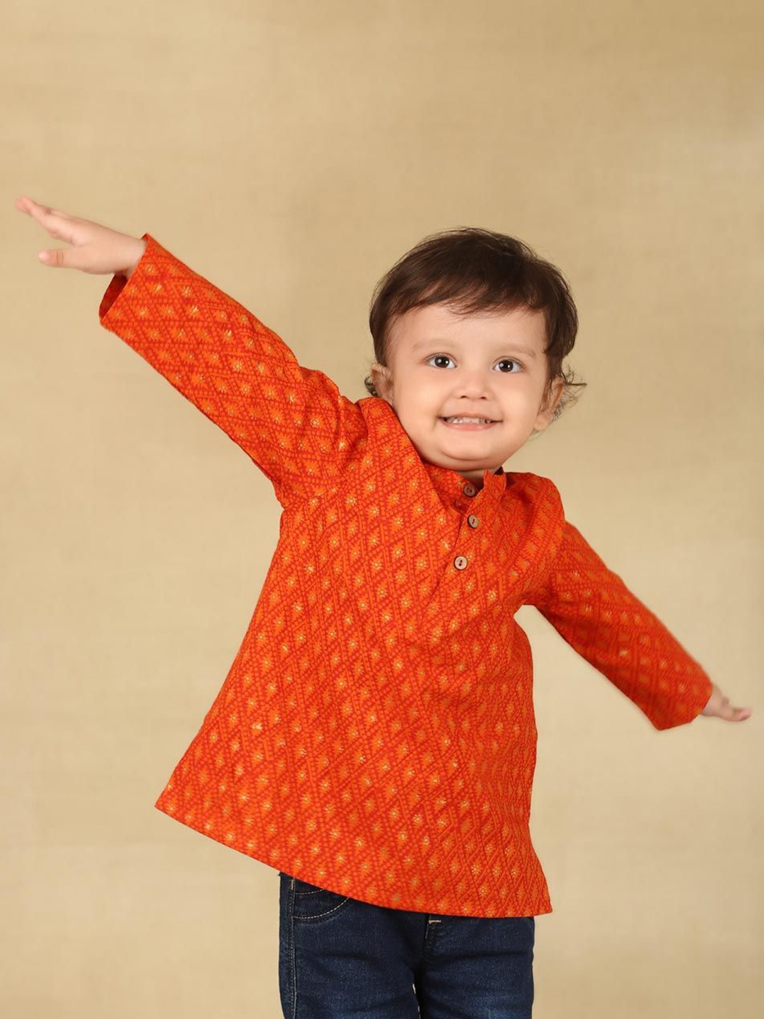 

Fabindia Boys Ethnic Motifs Printed Band Collar Cotton Kurta, Orange