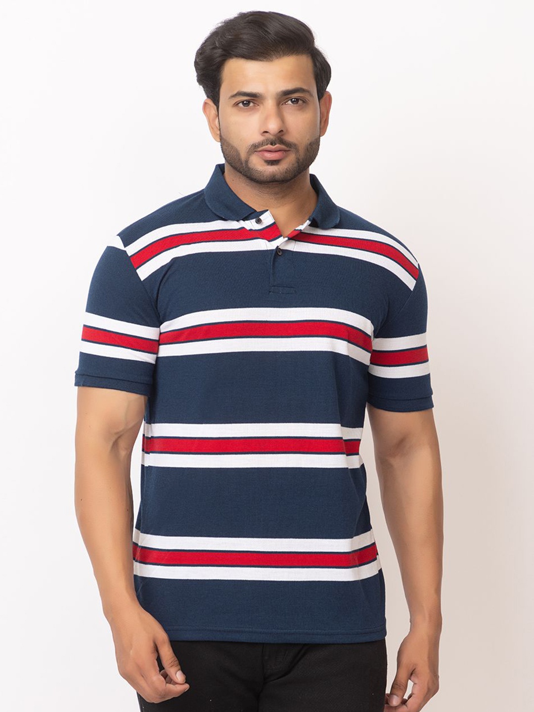 

WILD COPS Men Striped Polo Collar T-shirt, Navy blue