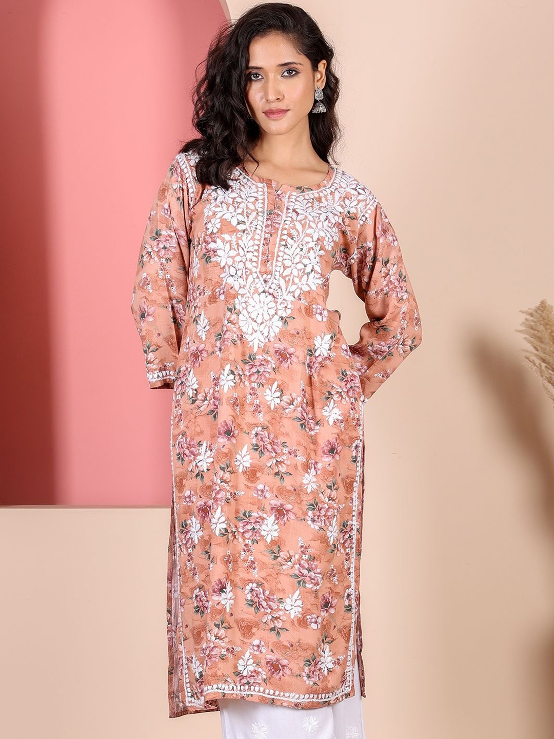 

Chowkhat Floral Embroidered Round Neck Chikankari Work Viscose Rayon Kurta, Peach