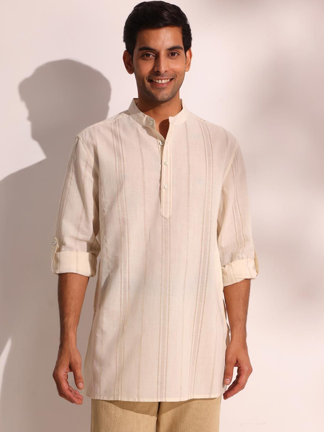 

Fabindia Striped Band Collar Short Straight Kurta, Off white