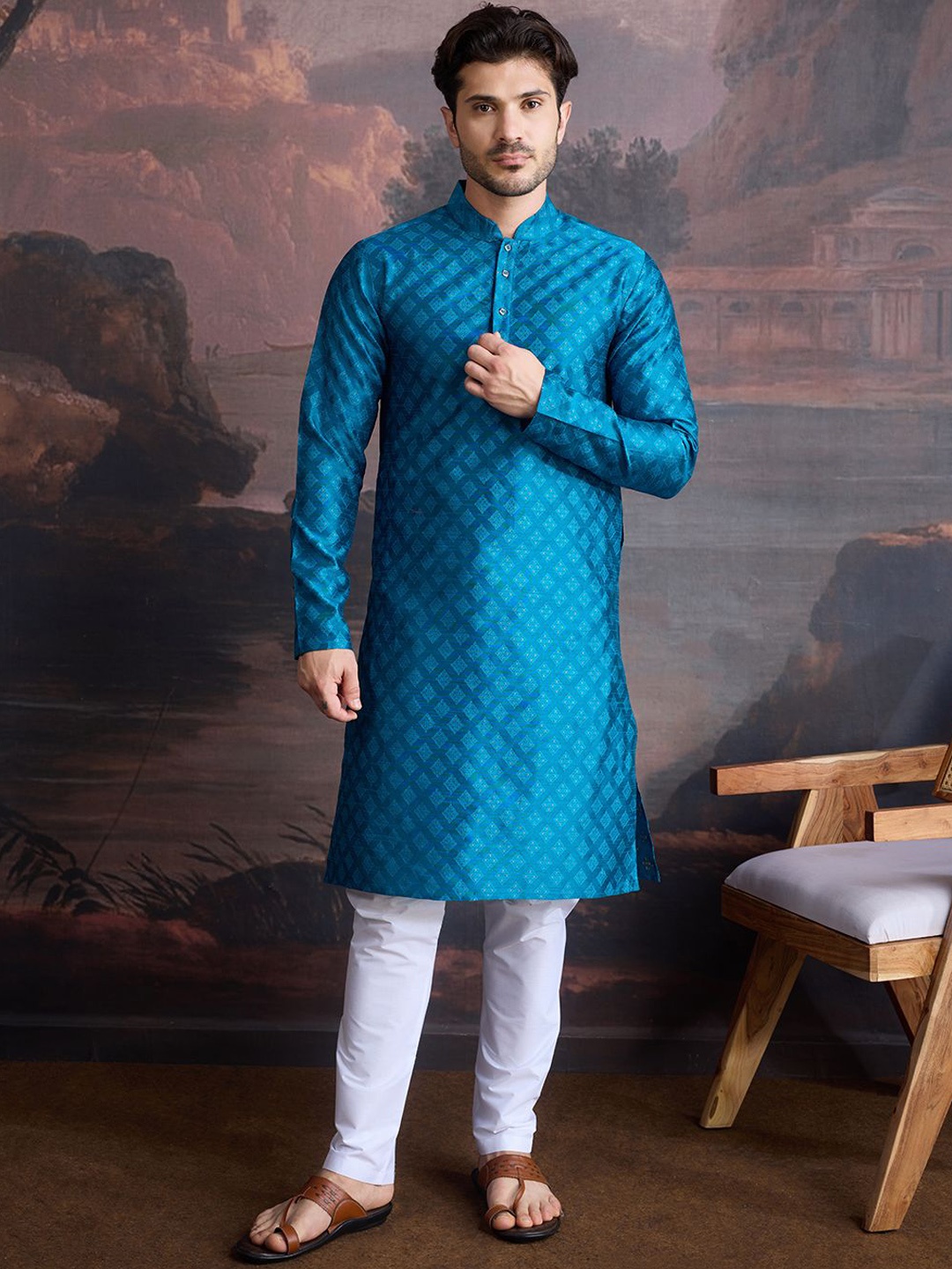 

House of Pataudi Ethnic Motifs Woven Design Mandarin Collar Straight Kurta, Blue