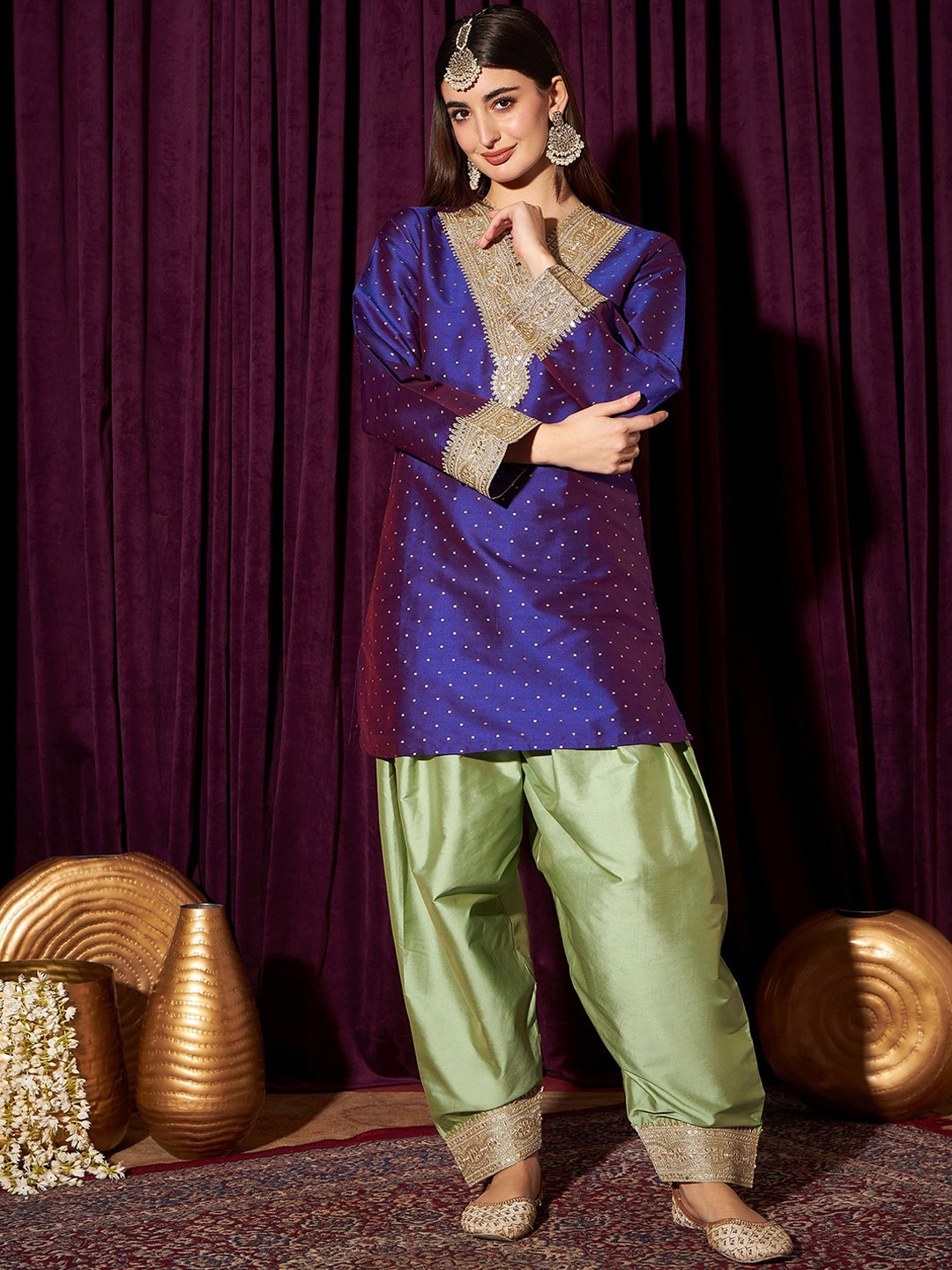 

indo street Women Ethnic Motifs Embroidered Regular Kurta with Salwar, Blue