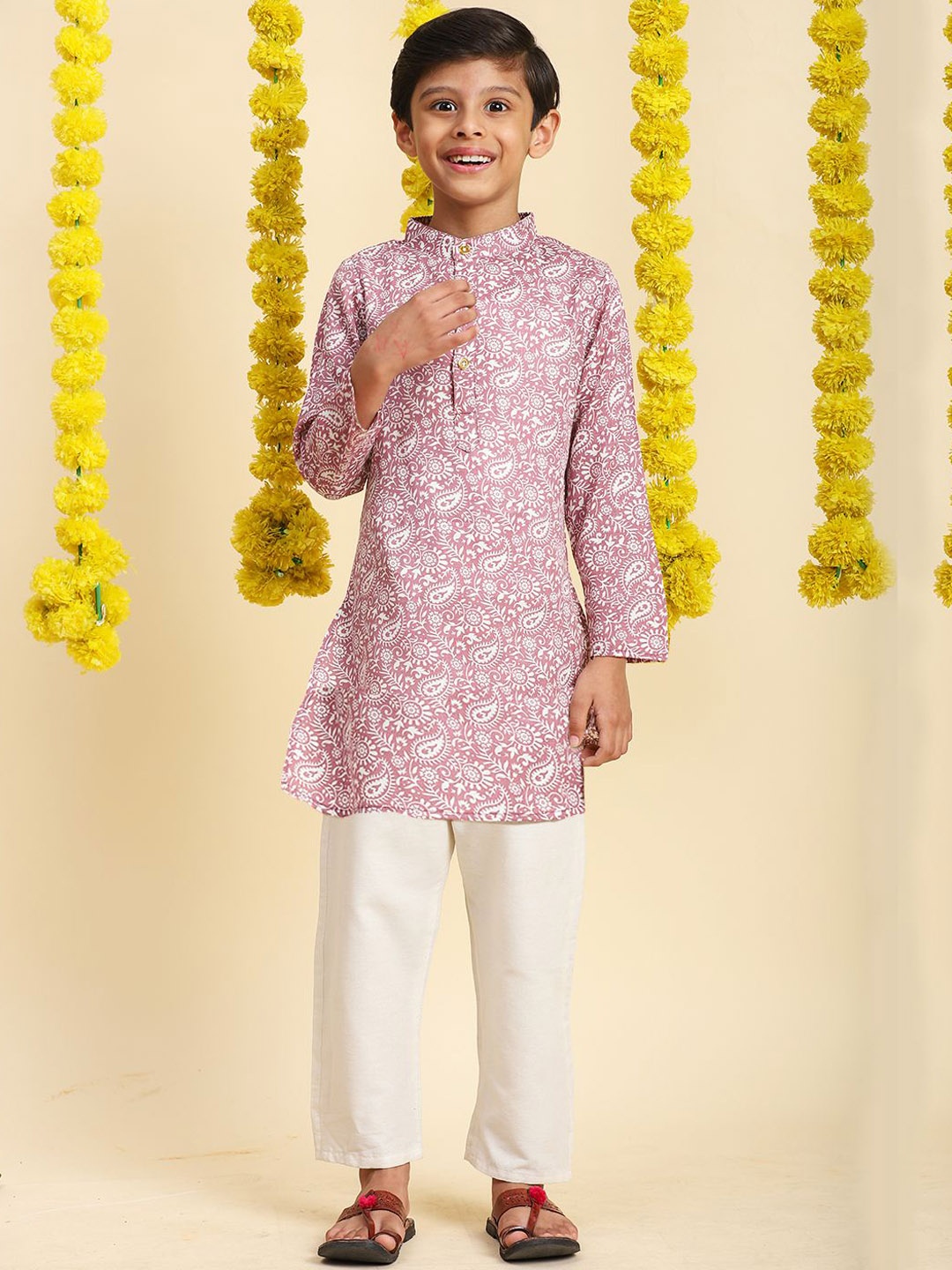 

Cutiekins Boys Paisley Printed Straight Cotton Kurta with Pyjamas, Pink