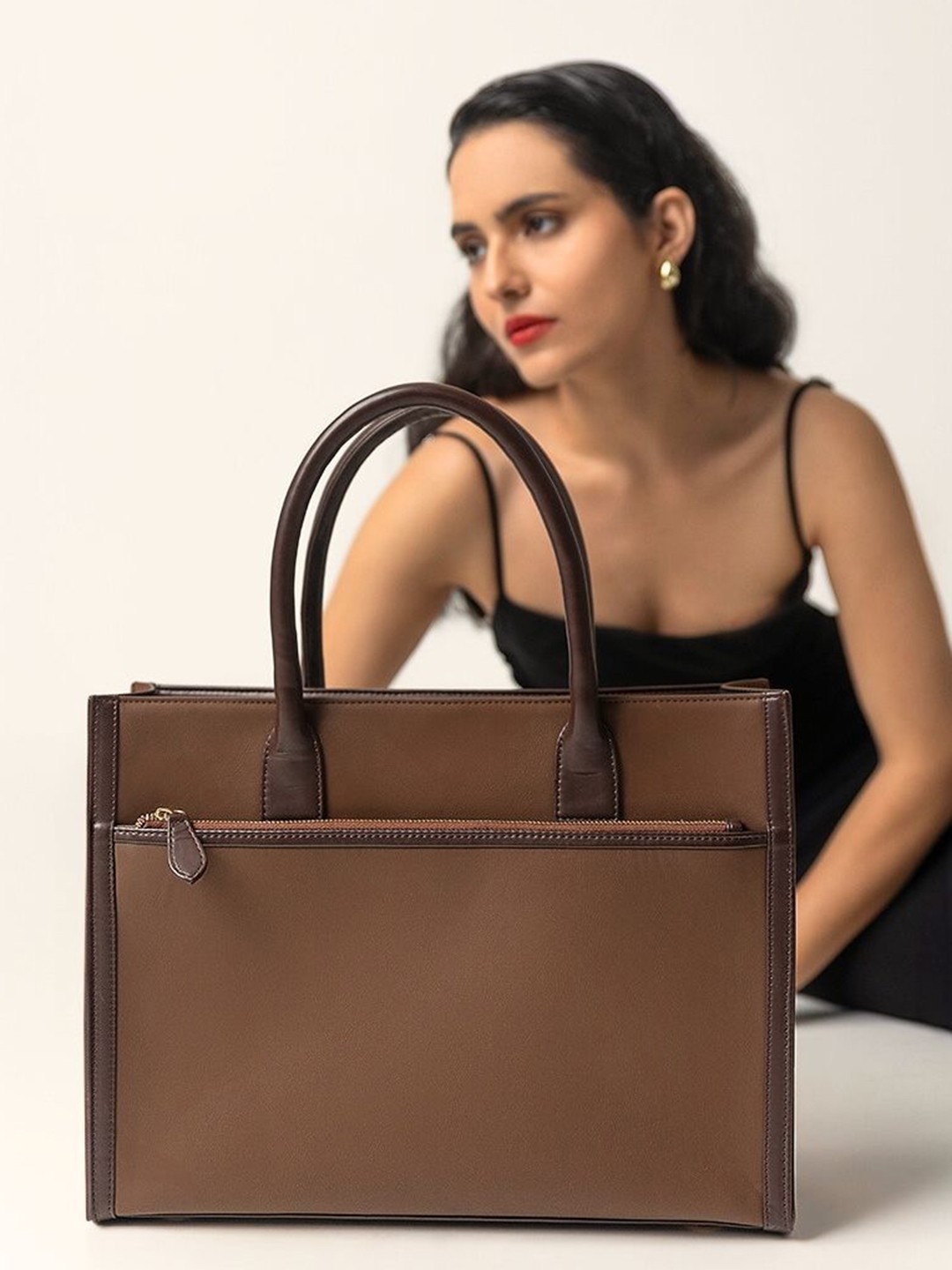 

Hues Studio Women Structured Tote For 13 - 14 Inch Laptop with Detatchable Sling Strap, Brown