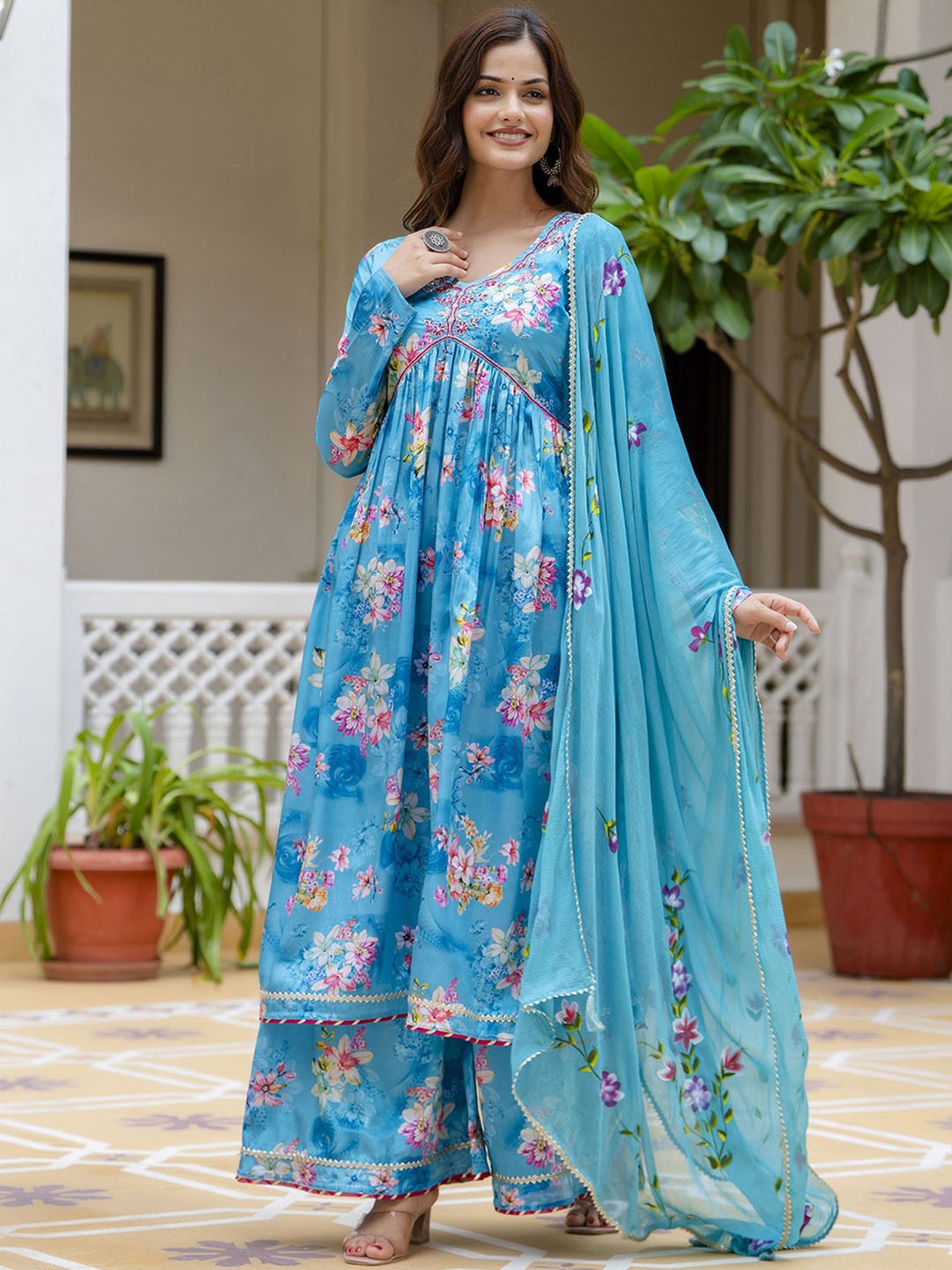 

Anouk Women Floral Printed Empire Beads and Stones Kurta with Palazzos & With Dupatta, Blue