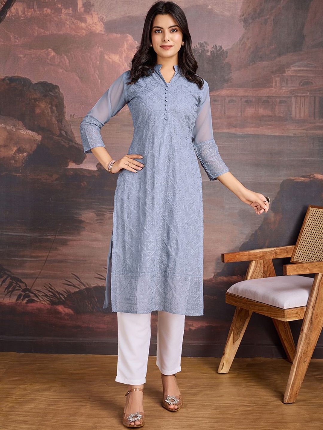 

House of Pataudi Embroidered Straight Kurta, Grey
