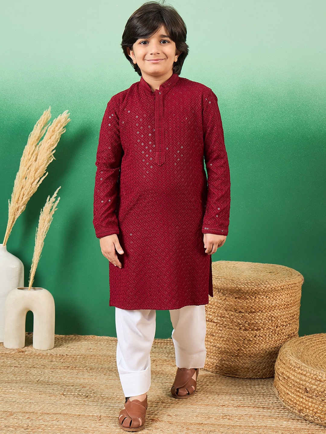 

Sangria Boys Embellished Cotton Kurtas, Maroon