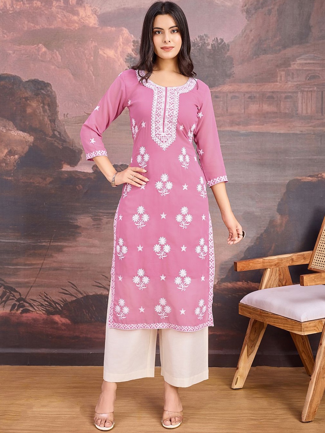 

House of Pataudi Floral Embroidered Straight Kurta, Pink