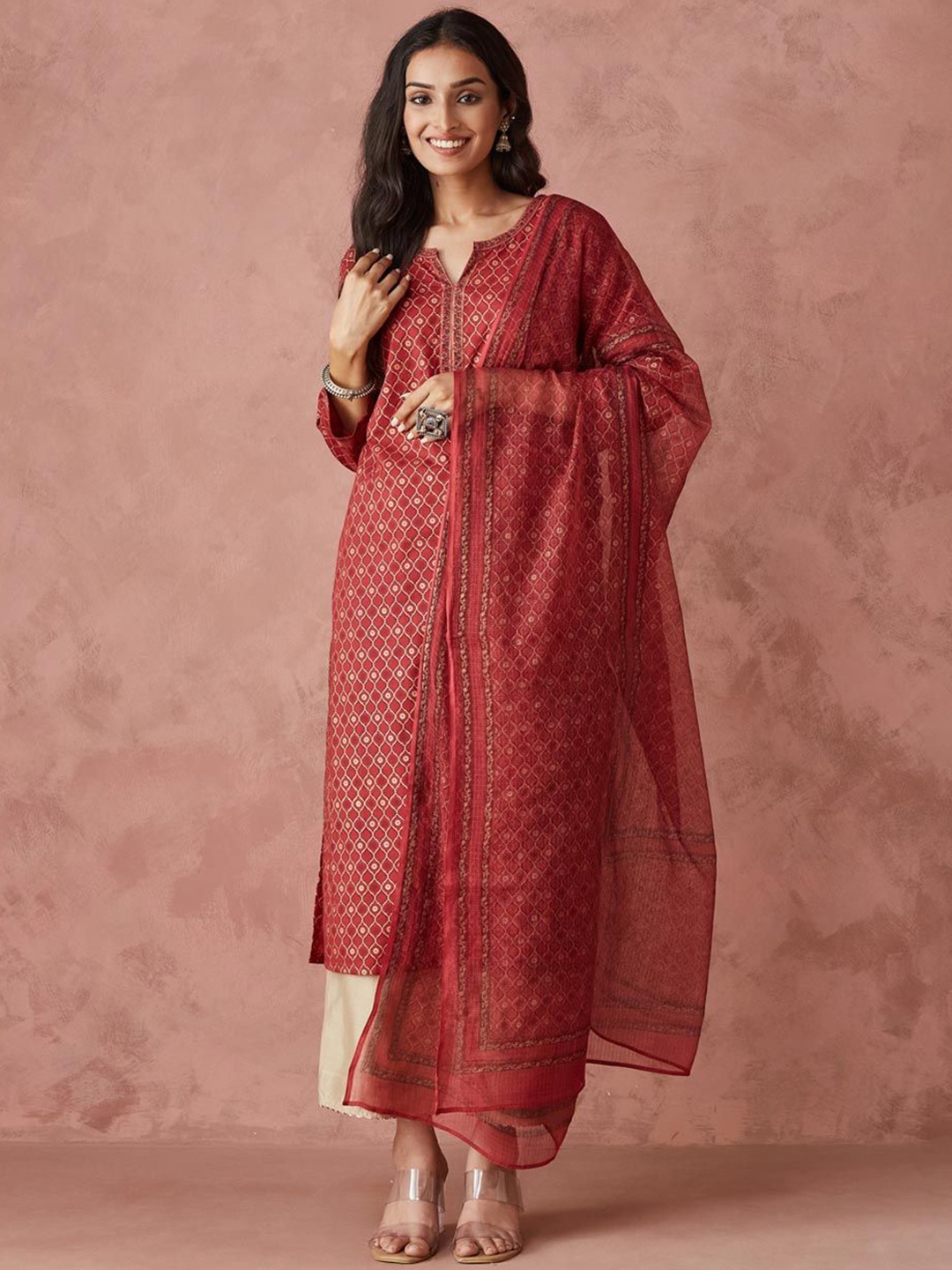 

Fabindia Ethnic Motifs Printed Thread Work Cotton Straight Kurta With Dupatta, Red