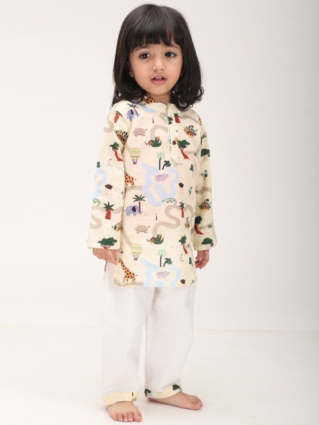 

MAMA AND PEACHES Kids Pure Cotton Printed Kurta with Trousers, Beige