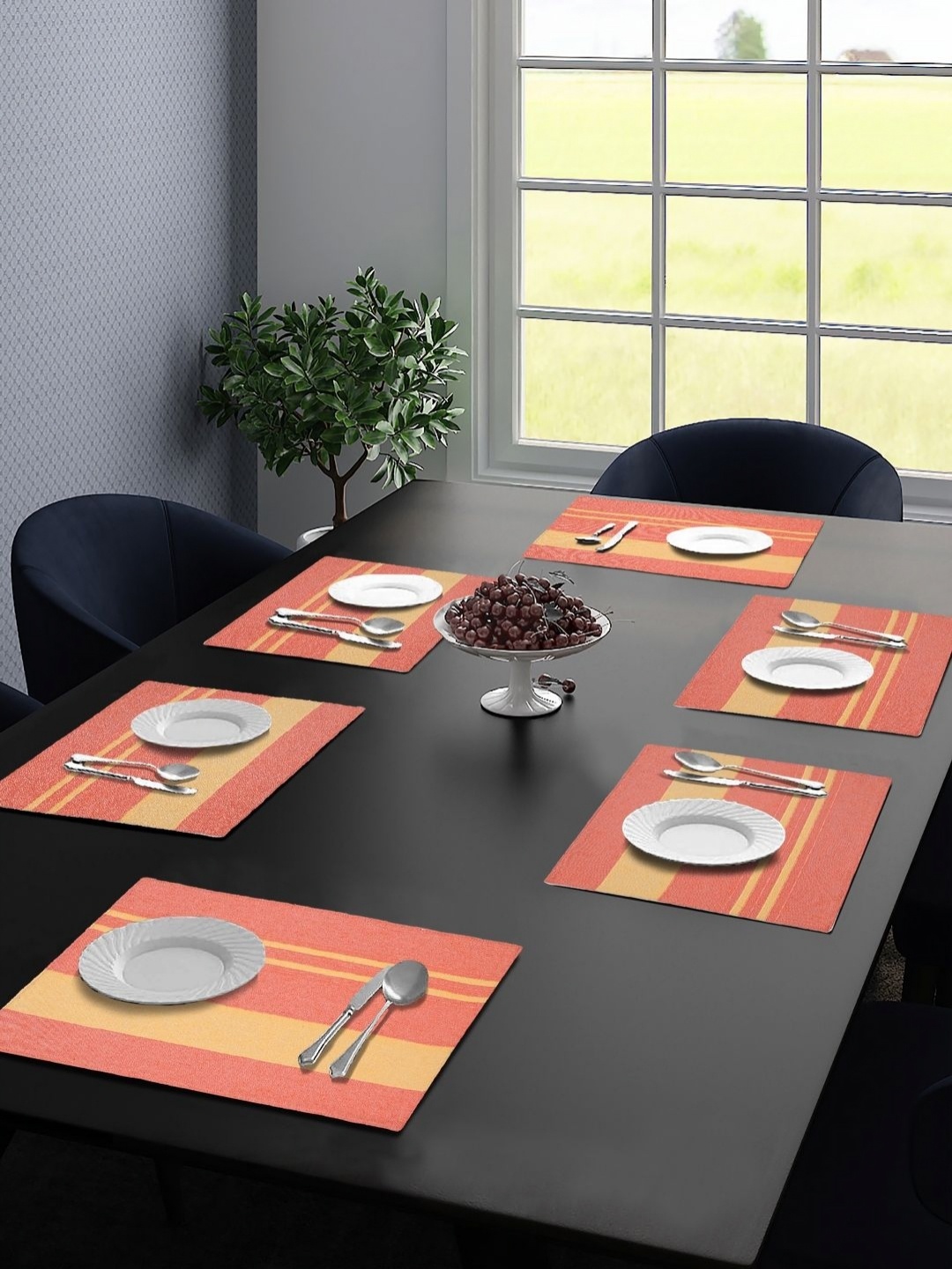 

Saral Home Orange-Colored 6 Pieces Striped Cotton Rectangle Table Placemats