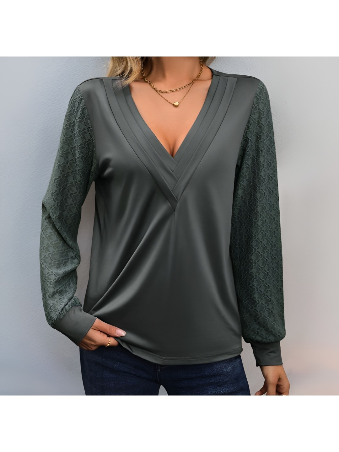 

HERE&NOW Women Extended Sleeves V-Neck T-shirt, Grey